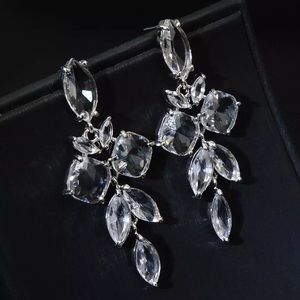 Anthro Crystal Large Long Leafs Shaped Dangle Drop Earrings Clear